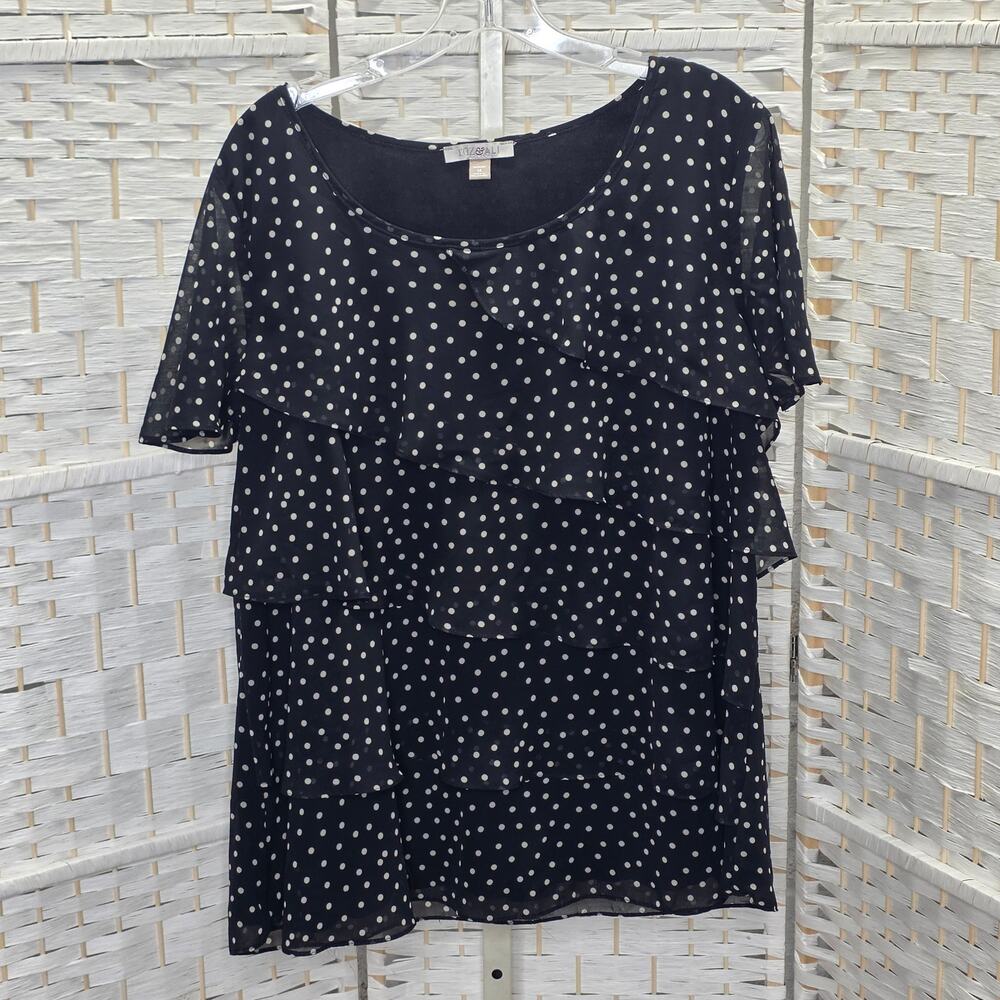 Roz & Ali Women's 1x Black White Polka Dot Layered Ruffle Blouse Top